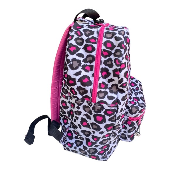 Yak Pak  Heart Pink Grey Black Leopard Print Backpack 16"x12"  Exterior Pocket - Picture 2 of 10
